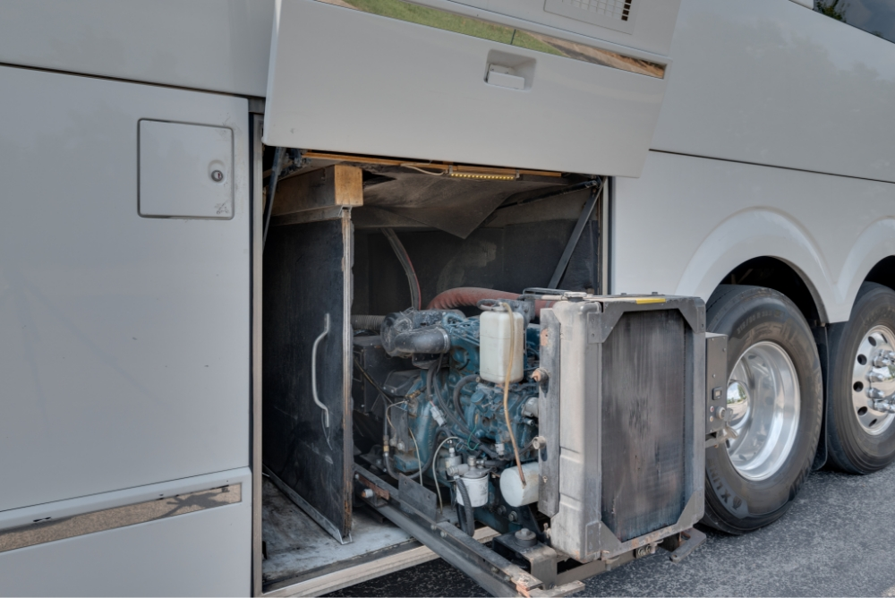 Close-up view of the mechanical system inside a side compartment of a Prevost H345 bus, highlighting the accessible and well-maintained components.
