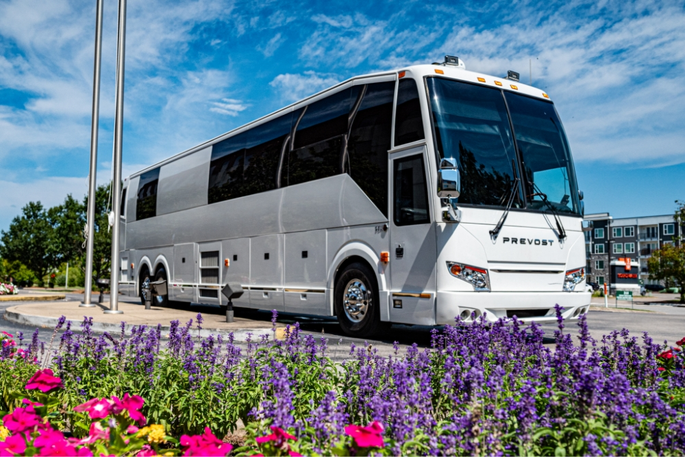 Side angle view of Prevost Bus