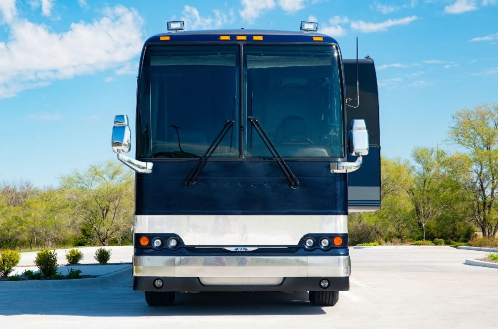 Front view of a 2006 Prevost XLII entertainer bus for sale, showcasing its modern and durable exterior.