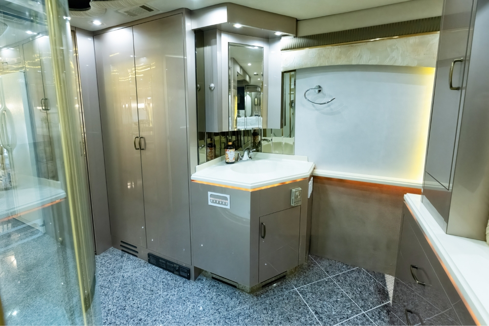 Bathroom in a Prevost Bus