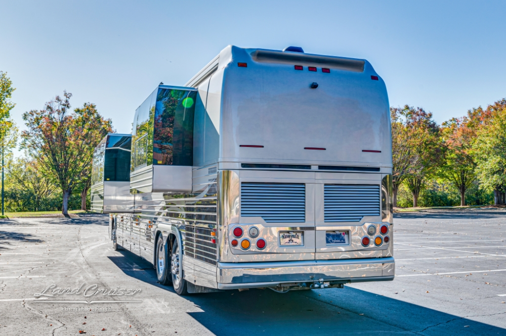 2006 Prevost tour bus, rear design view for entertainer comfort.