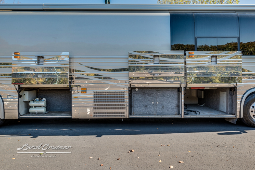 Spacious underbody storage on 2006 Prevost XLII, ideal for touring gear.