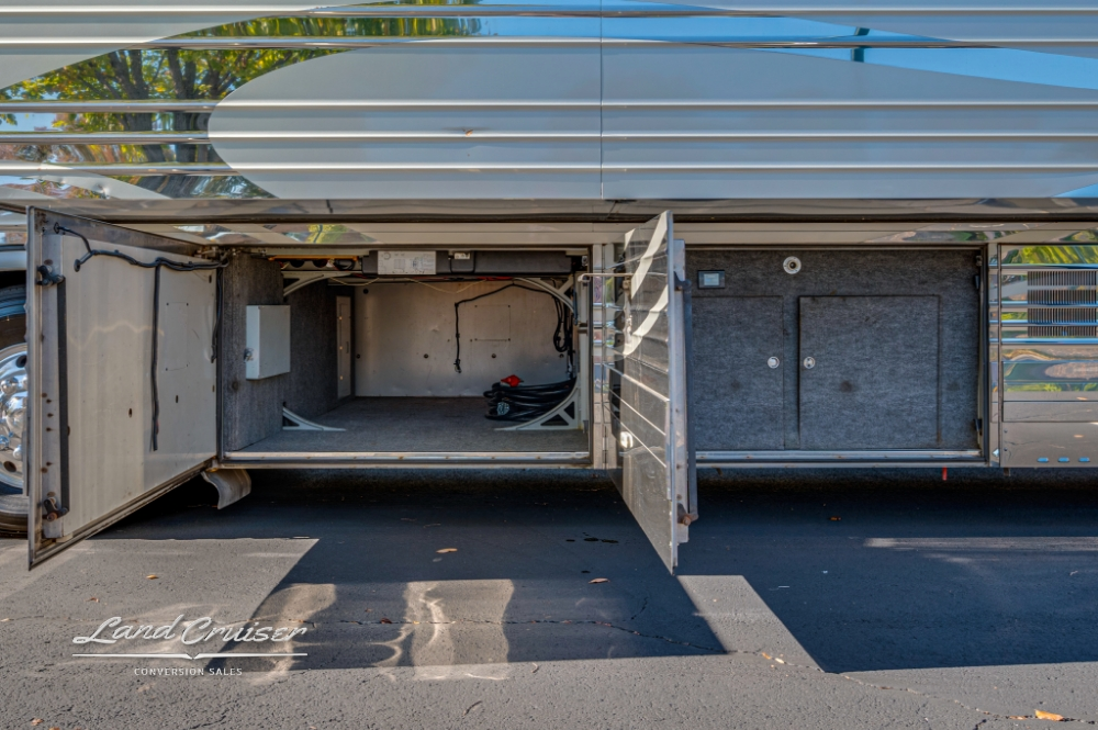 Close-up of storage compartments on 2006 Prevost bus conversion.