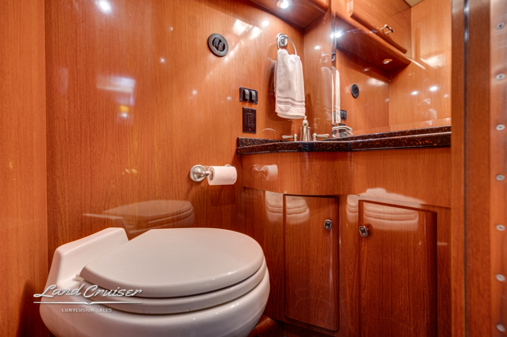 Bathroom view of a Prevost Entertainer Bus.