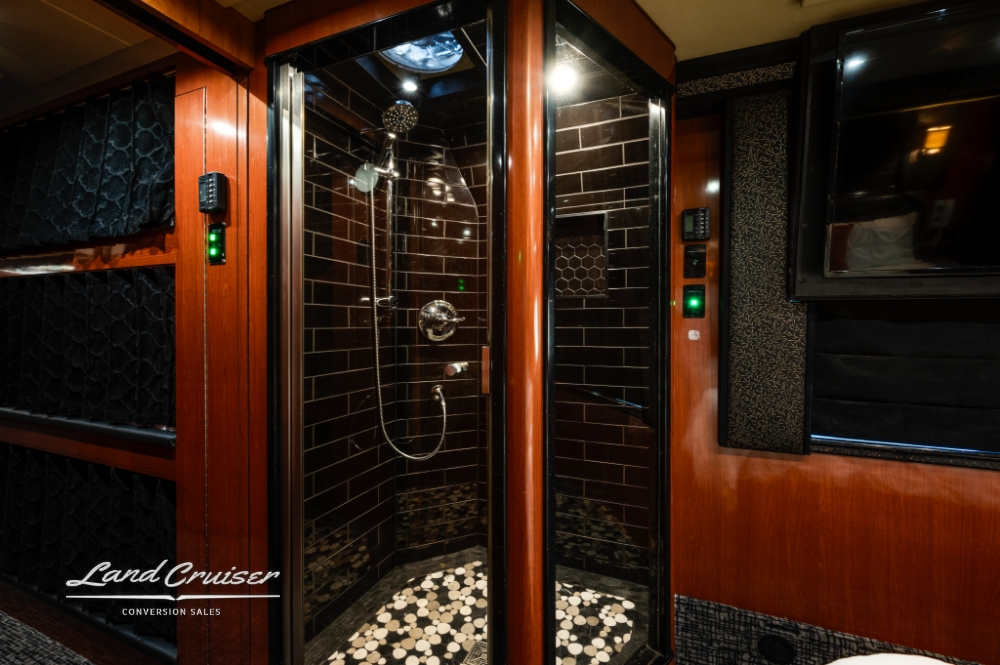 Beautiful shower in a prevost conversion bus.