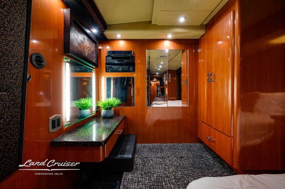 Beautiful interior view of a Prevost Entertainer Coach for Sale.