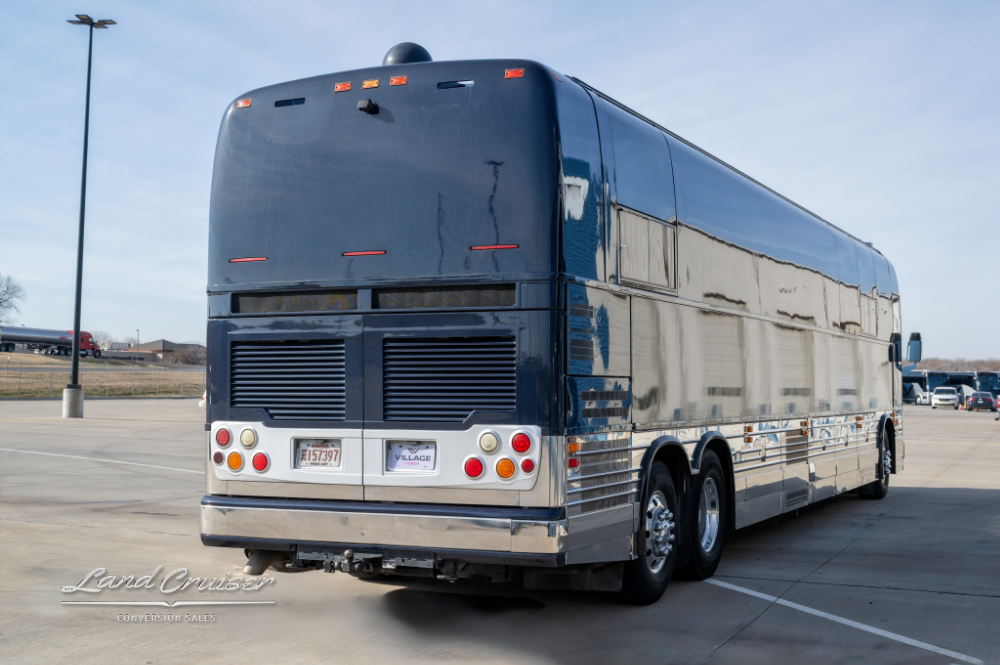 Rear view of a prevost bus that was converted for entertainers