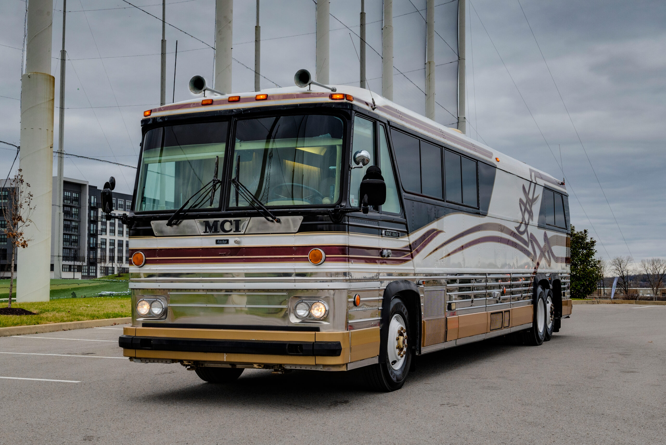 Front view of a MCI Bus conversion for sale