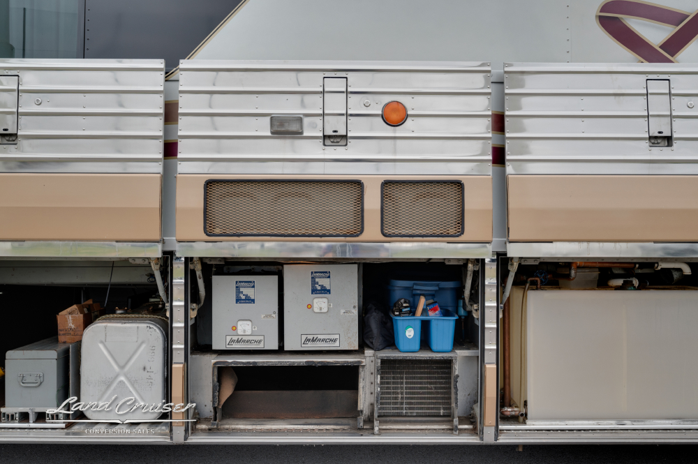 Side compartments open on MCI Bus Conversion for Sale