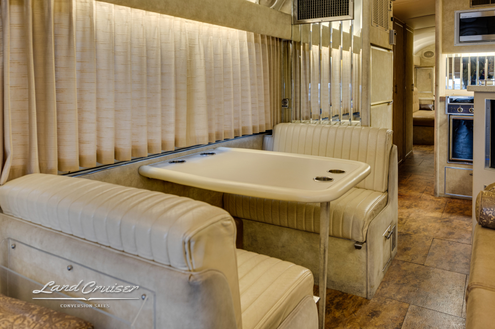 Close up view of a table inside a bus that was converted