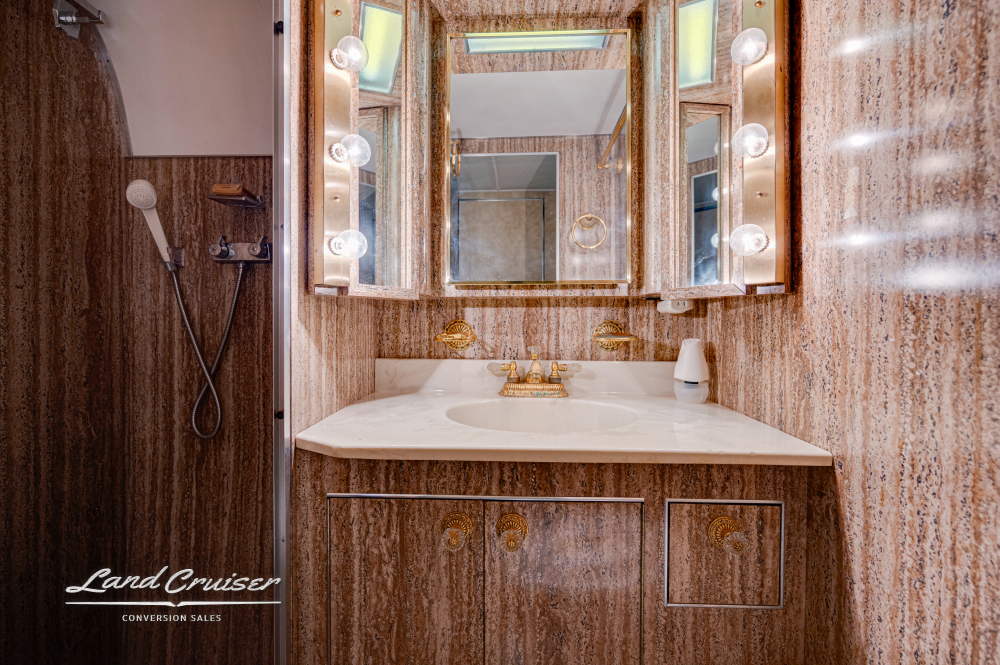 View of a beautiful vanity inside a bus conversion