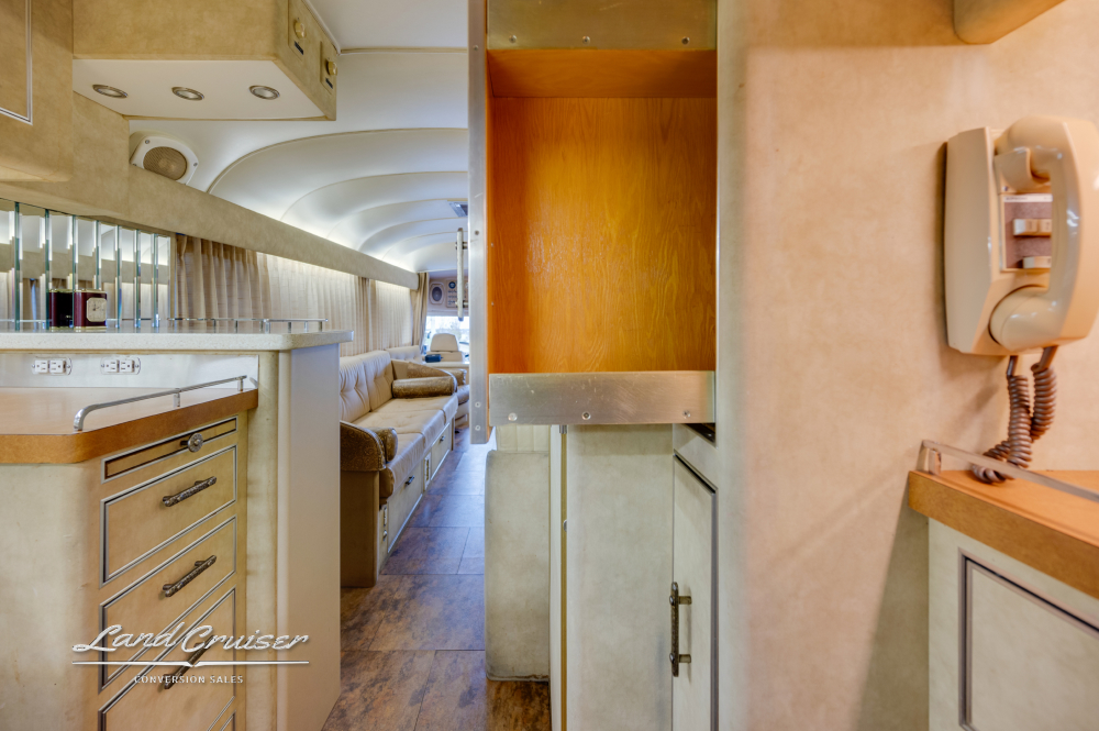 View of the intercom phone inside a bus conversion