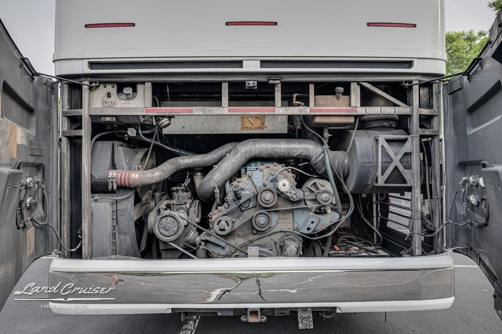 Series 60 Detroit engine in Prevost XLII Shogun coach shown with full rear access panel open