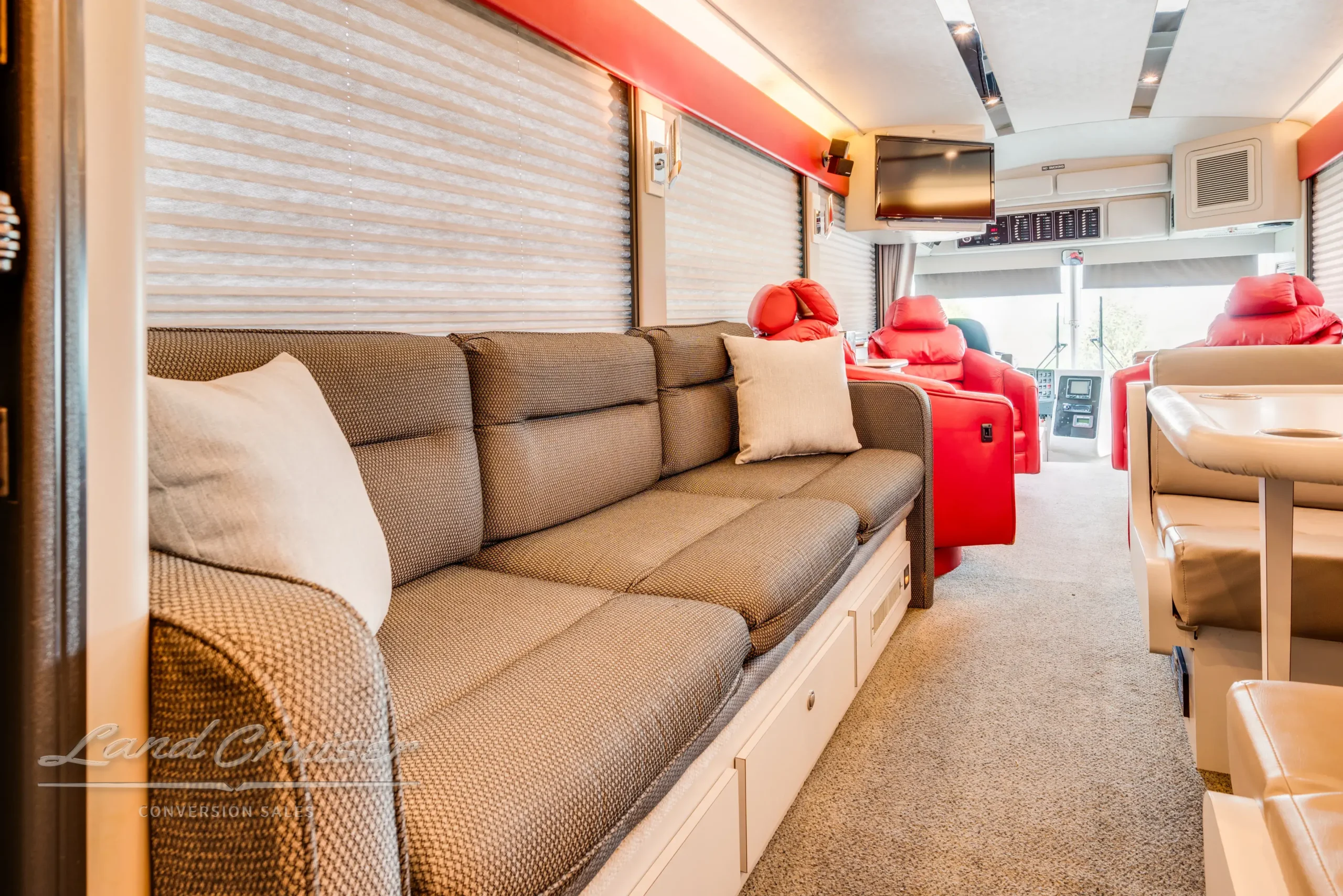 Seating area in a 1998 bus conversion.
