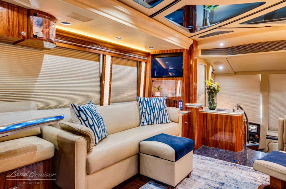 Image showing details of a couch & curtains inside a prevost conversion.
