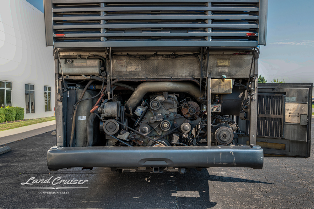 Engine compartment view of the Series 60 Detroit Diesel, photographed with doors open for access.