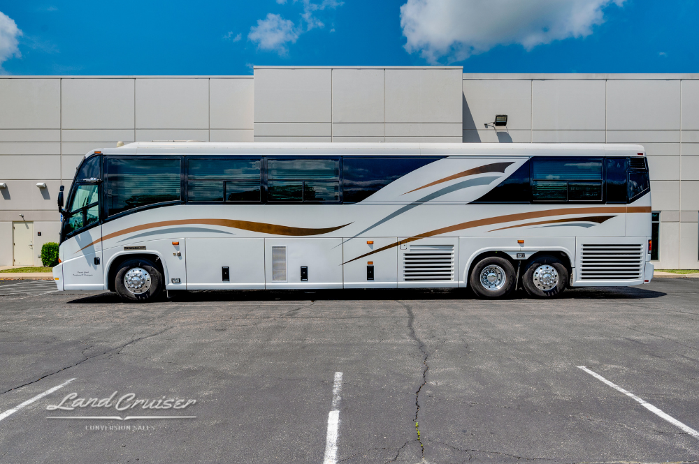 Passenger-side view of MCI motorhome parked under blue sky