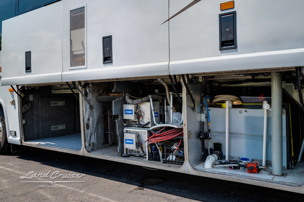 Passenger entry door and front interior steps of MCI 102EL3 coach