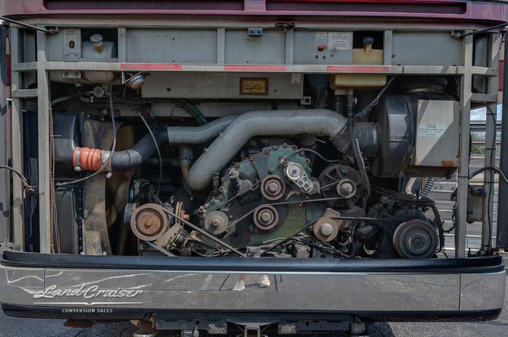 Engine bay view of 60 Series Detroit Diesel in 2002 Prevost XLII motorhome for sale