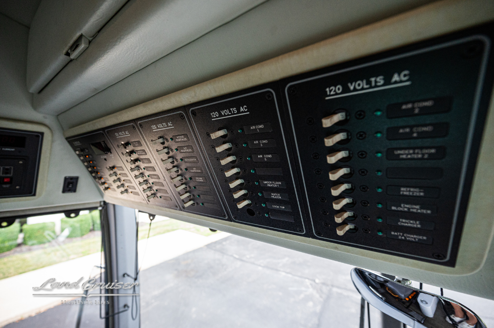 Electrical control panel with 120V AC and DC functions in Custom Coach conversion motorhome