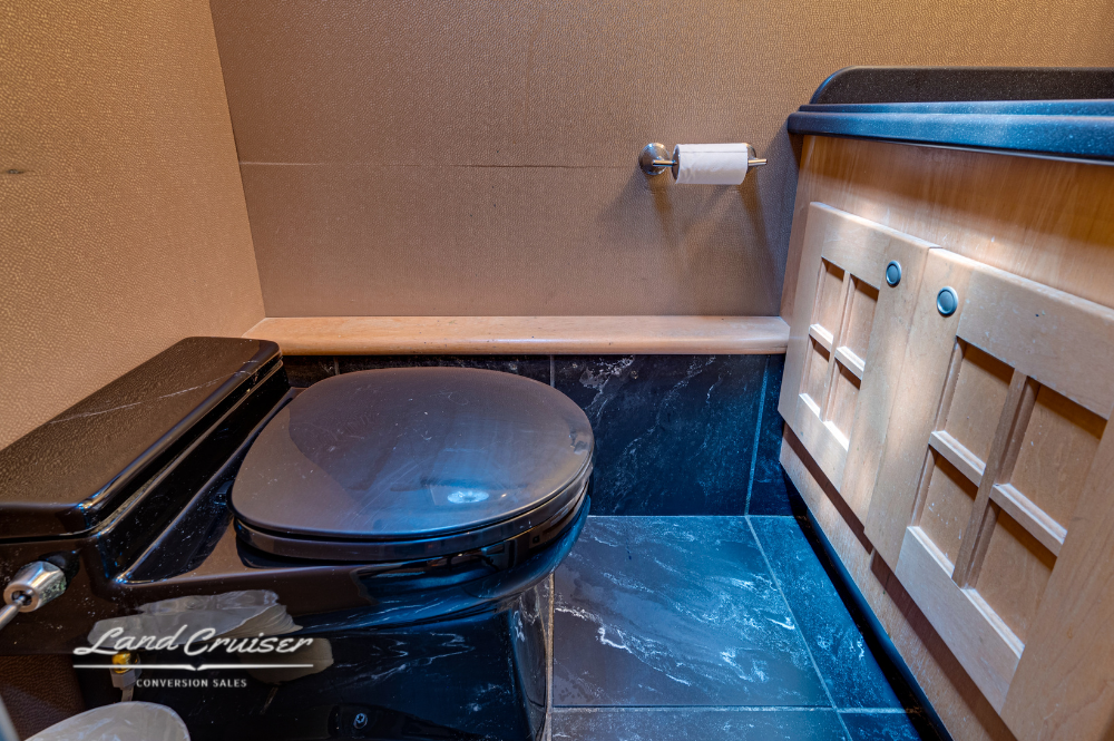 Bathroom with toilet, black solid-surface floor, light cabinetry, and curved vanity counter