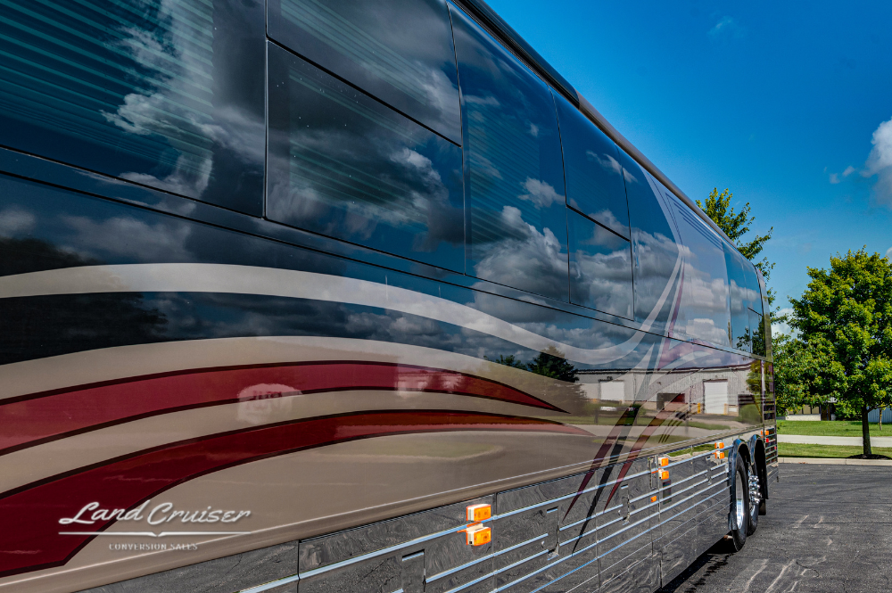 Close-up of detailed exterior paintwork on Custom Coach 4604 conversion motorhome
