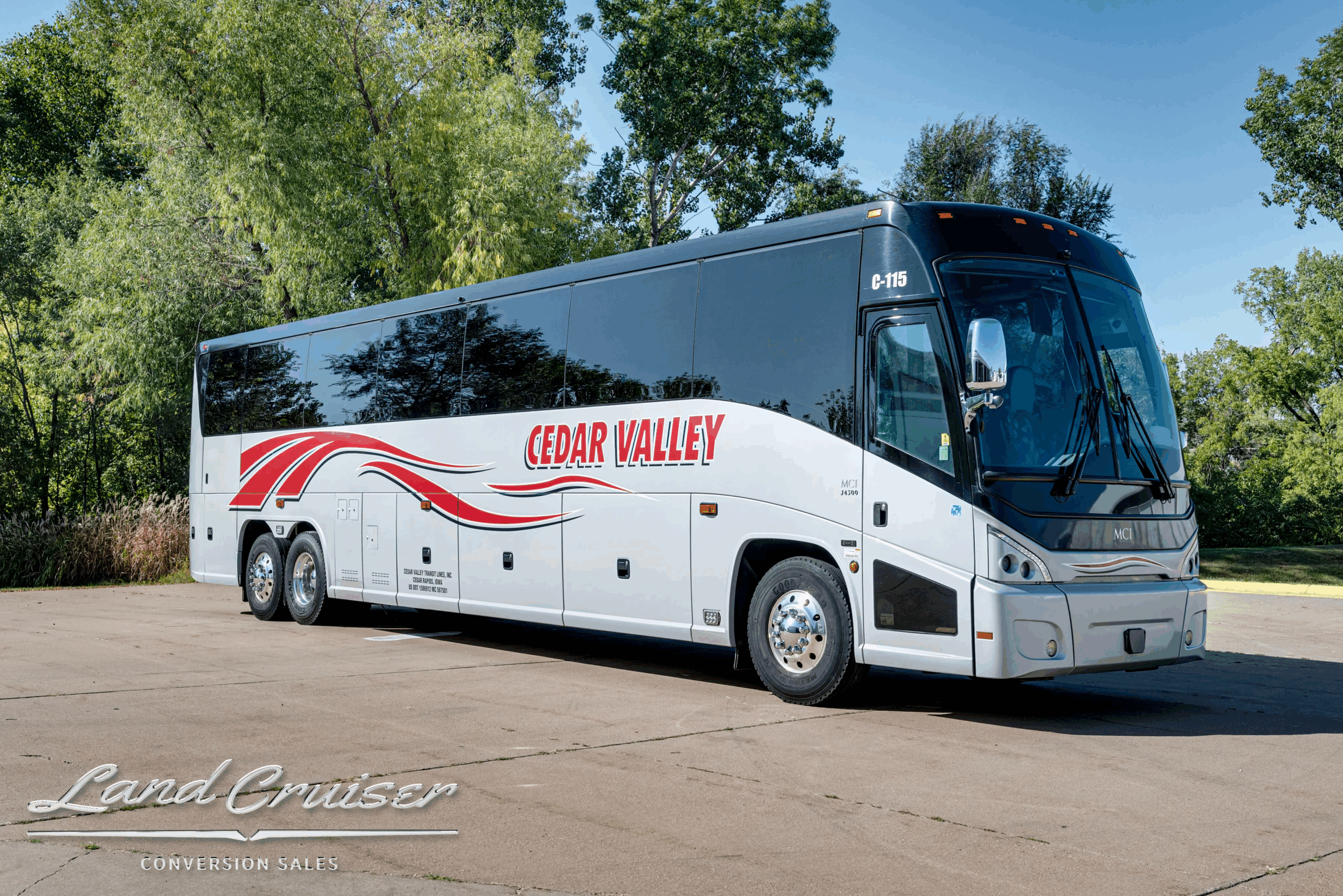 2016 MCI J4500 ADA charter coach, front-left exterior view.