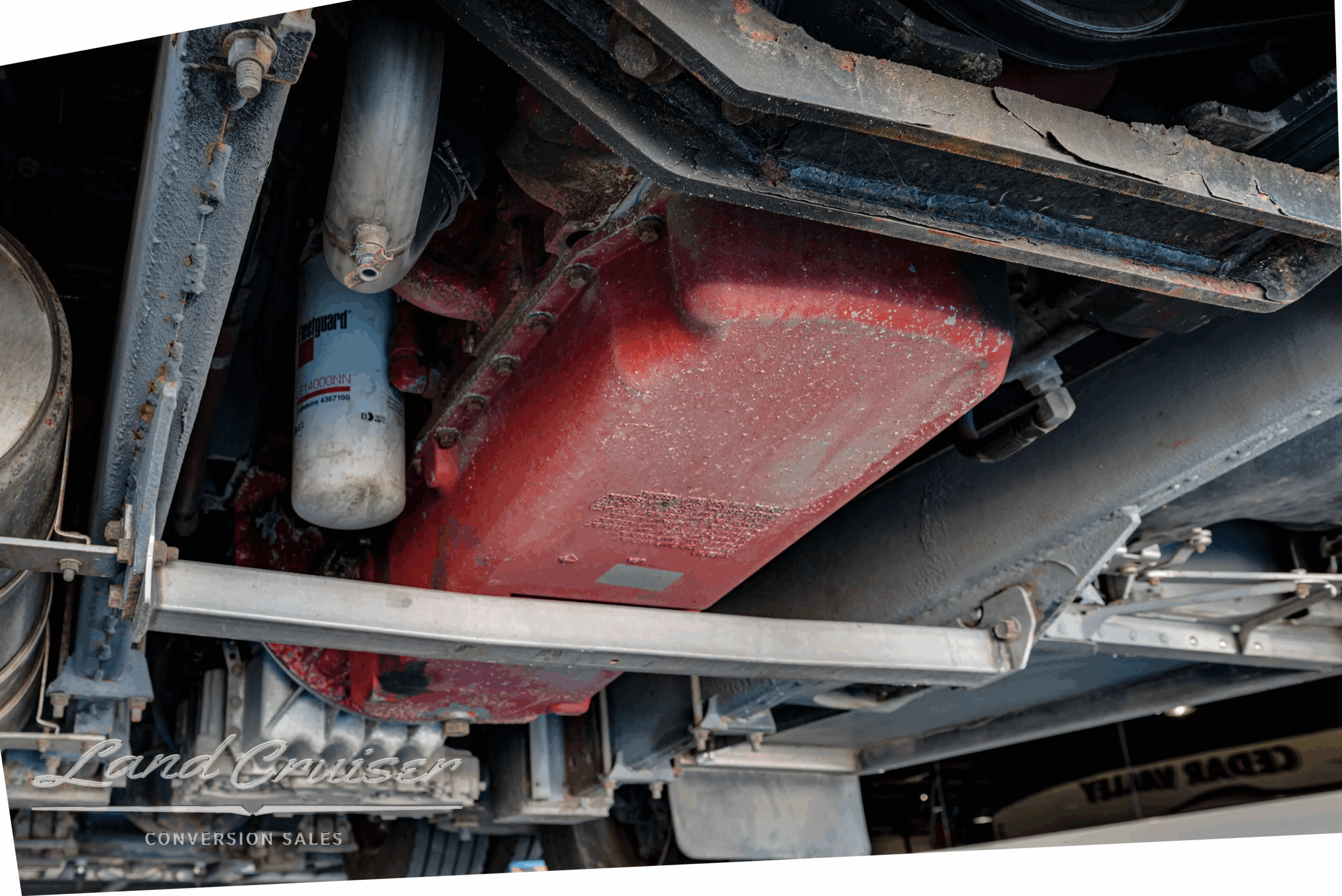Undercarriage suspension/steering component close-up (red housing).
