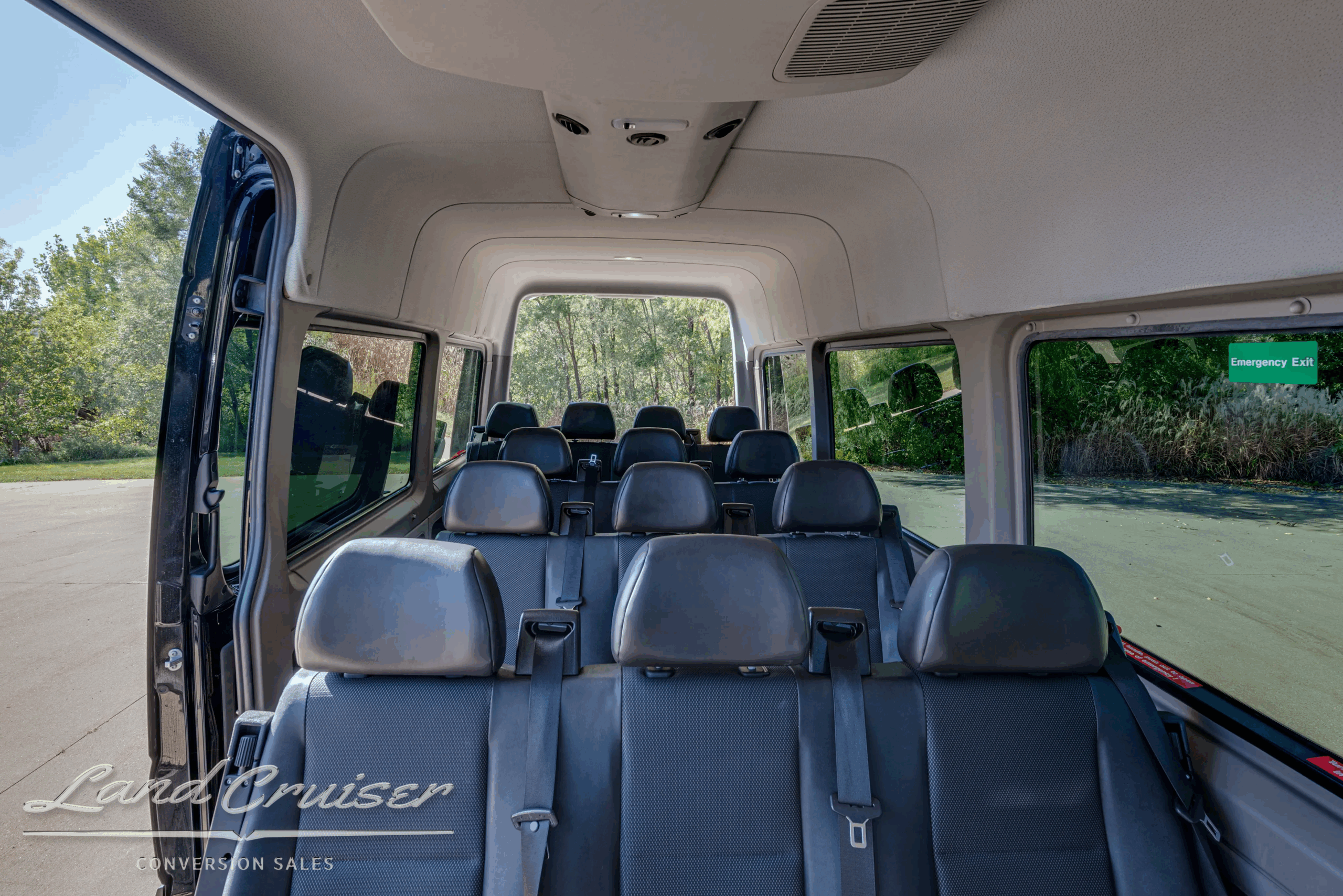 Interior close-up of rear seating rows in the Sprinter passenger van.