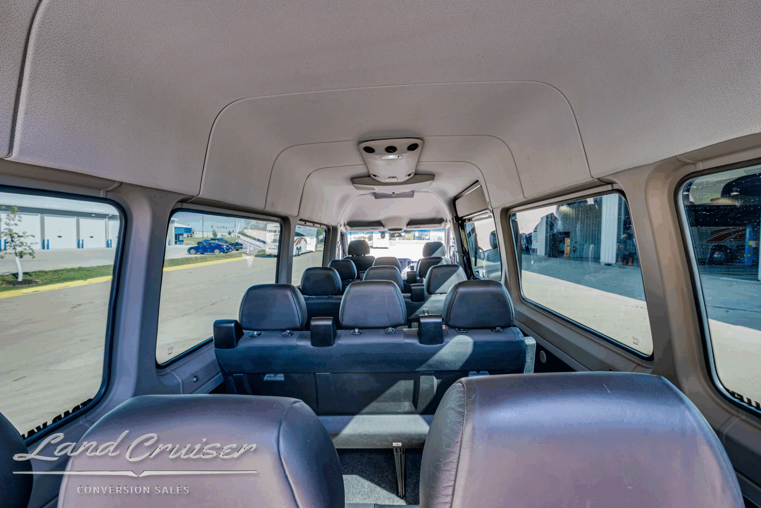 Interior looking forward from the back—12-passenger seating layout.