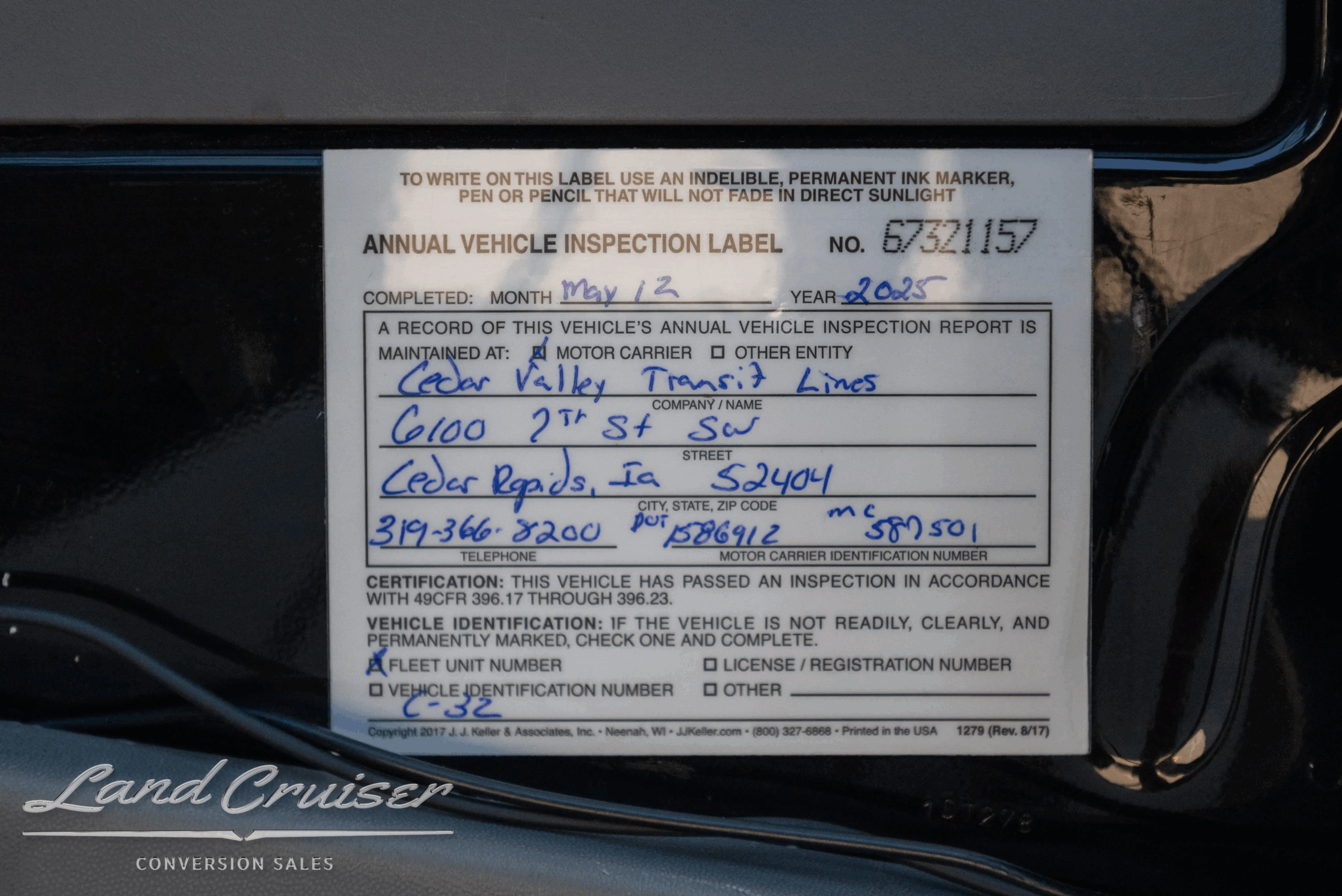 Vehicle/service information label photographed inside the Sprinter van.