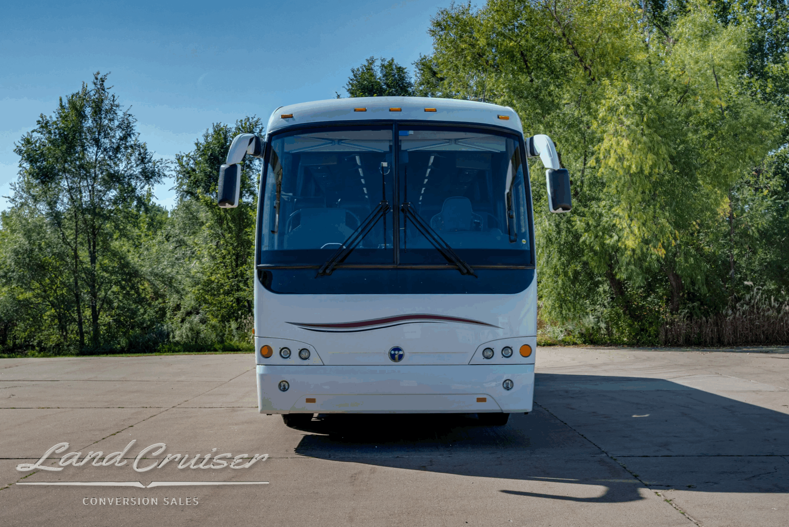 Head-on front view of the motorcoach.
