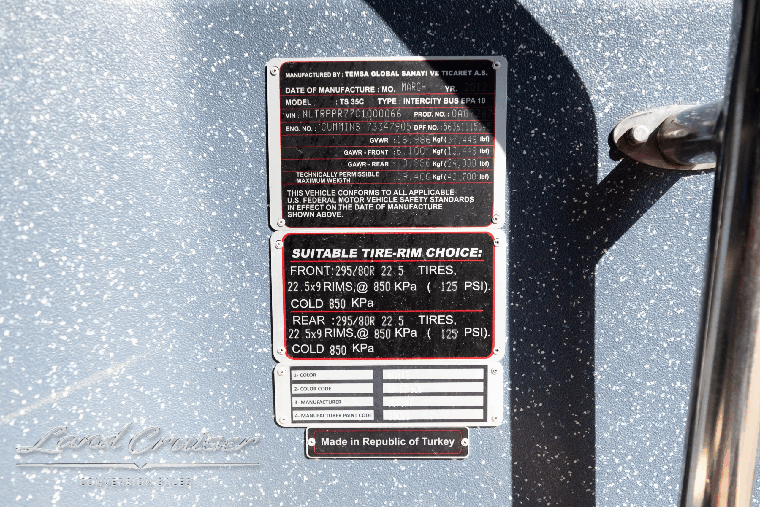 Compliance/specification label plate on the coach.
