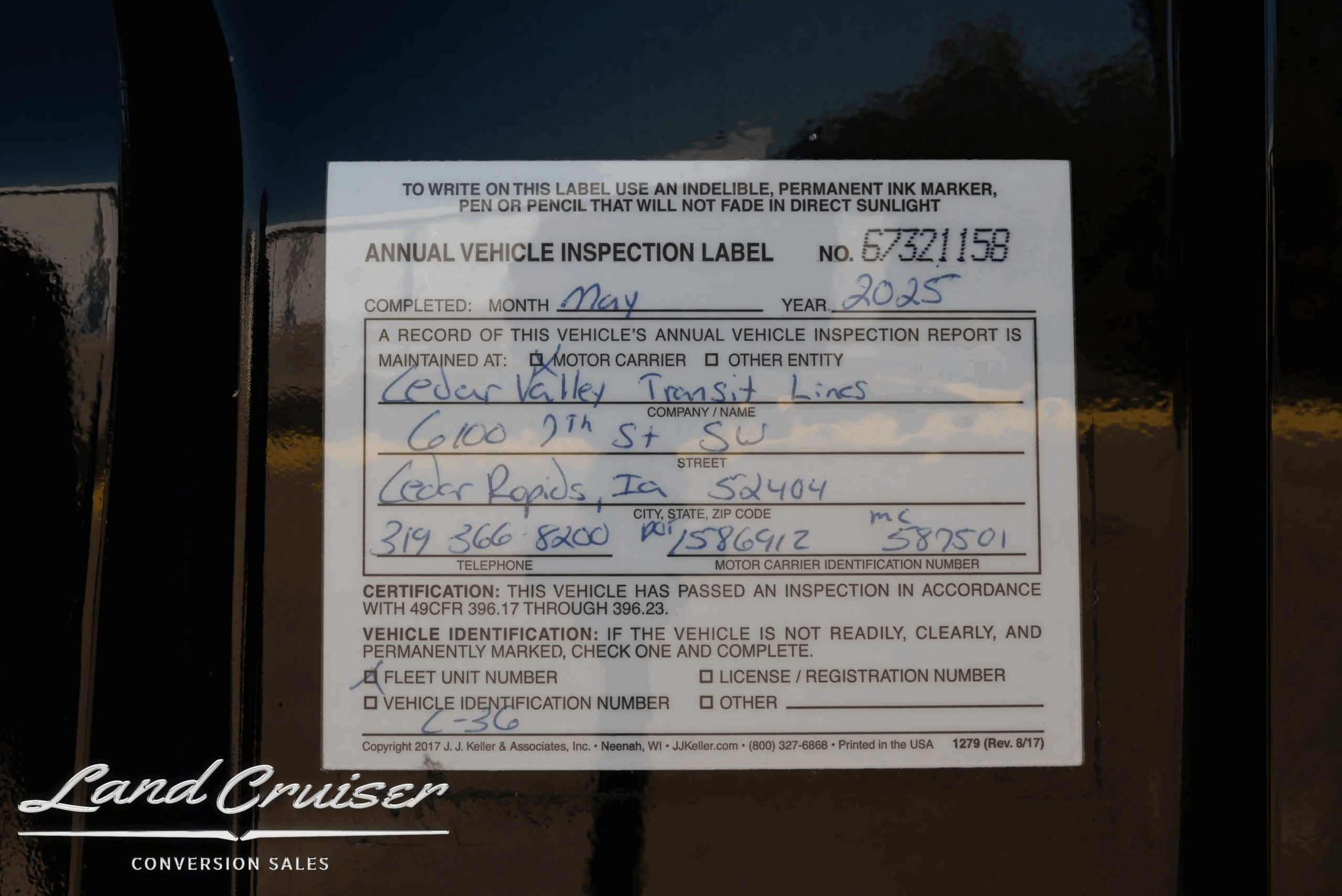 Ameritrans build sheet and specifications label inside the bus.