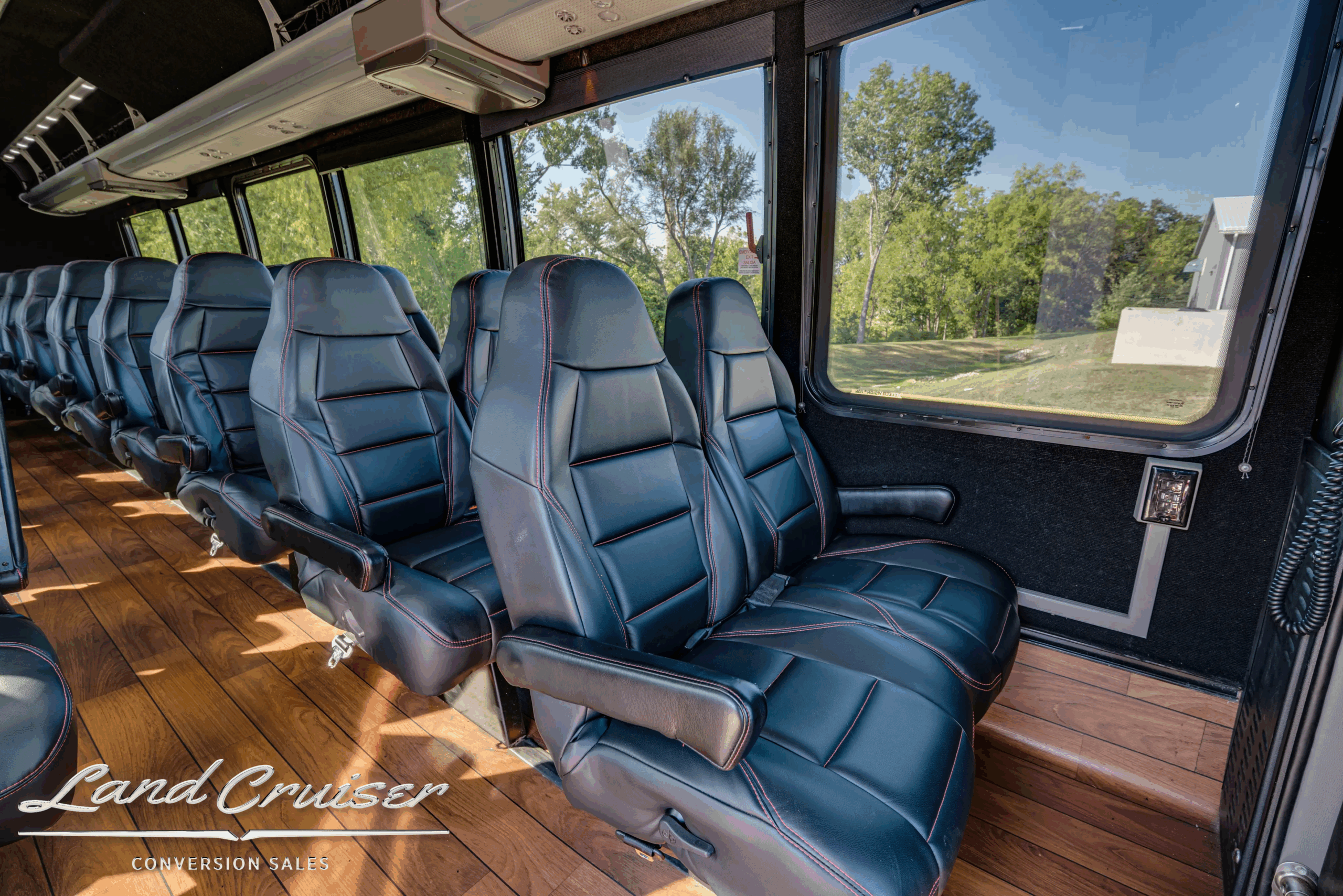 Center aisle looking forward—32-passenger seating layout.